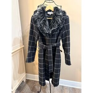 VTG USA Jonathan Michael B&W Plaid Penny Lane Wool Coat Faux Fur Collar Size 6